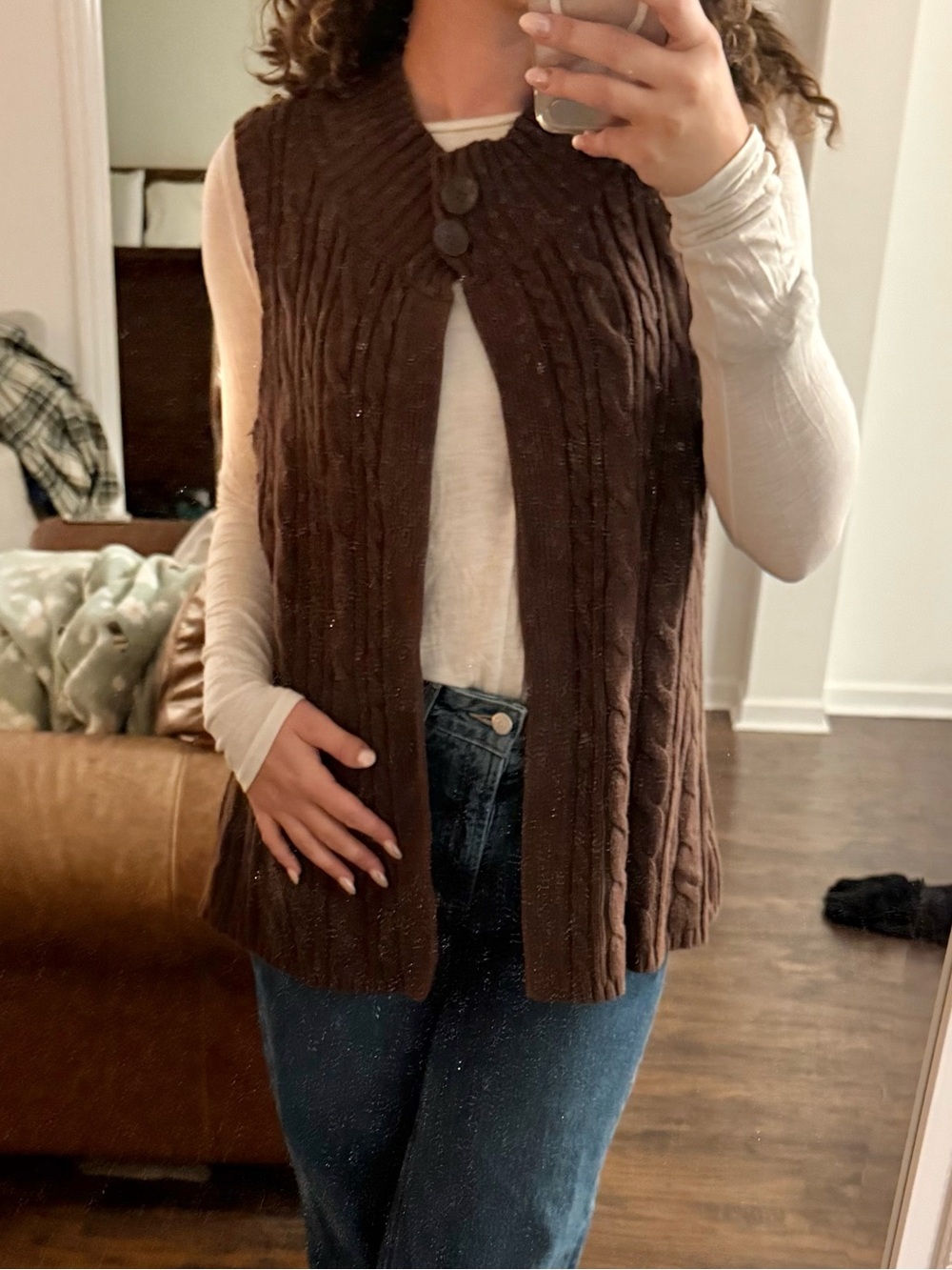 Brown Cable Knit Button-Front Sleeveless Sweater Vest